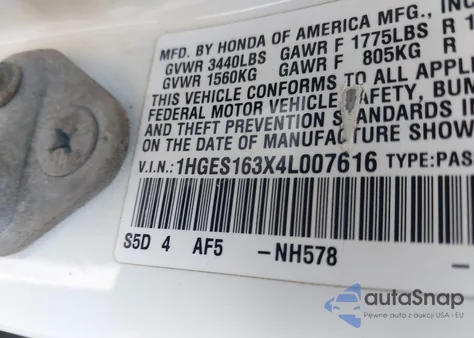 2004 Honda Civic Vp из США, поврежденный, VIN 1HGES163X4L007616